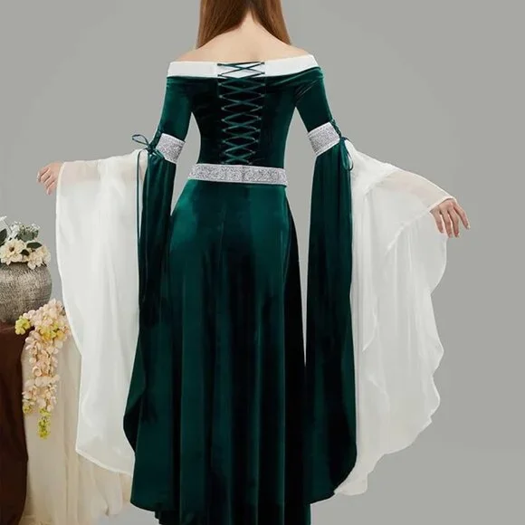 Peacock Green Medieval Elf Dress with Chiffon Sleeves and Belt - Picture 3 of 3